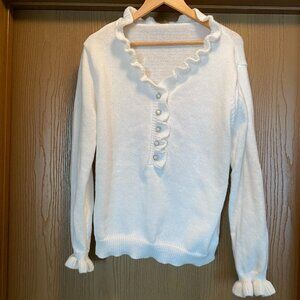 Women's Coquette Ruffle Edge Button Front Knit Sweater XL in White with Pearls